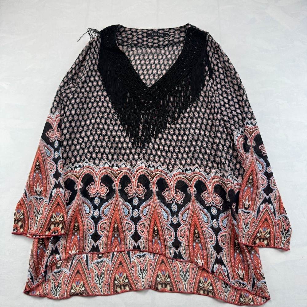 Talita Kume Boho Fringe Tunic Top Women's US Large 42 Paisley Bell Sleeve